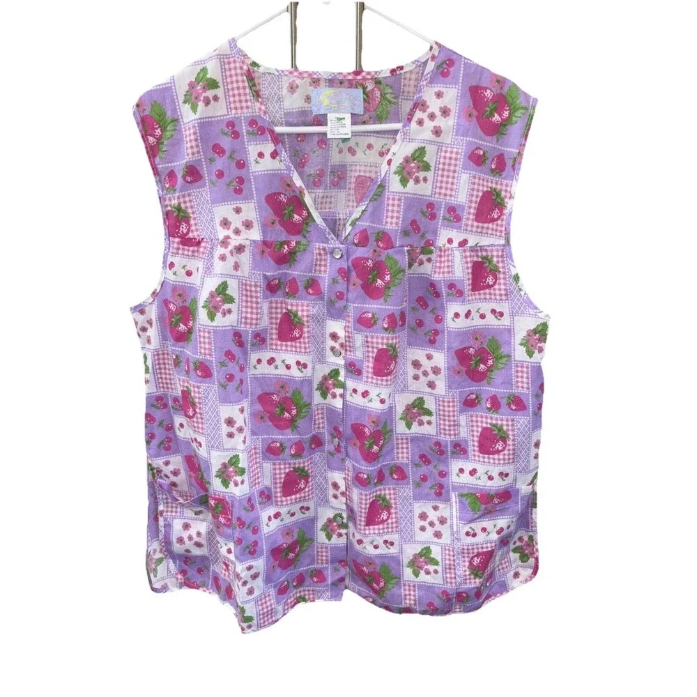Vintage Apron Shirt 60's 70's Strawberry Fabric Smock Top Snap Front Pocket 1X